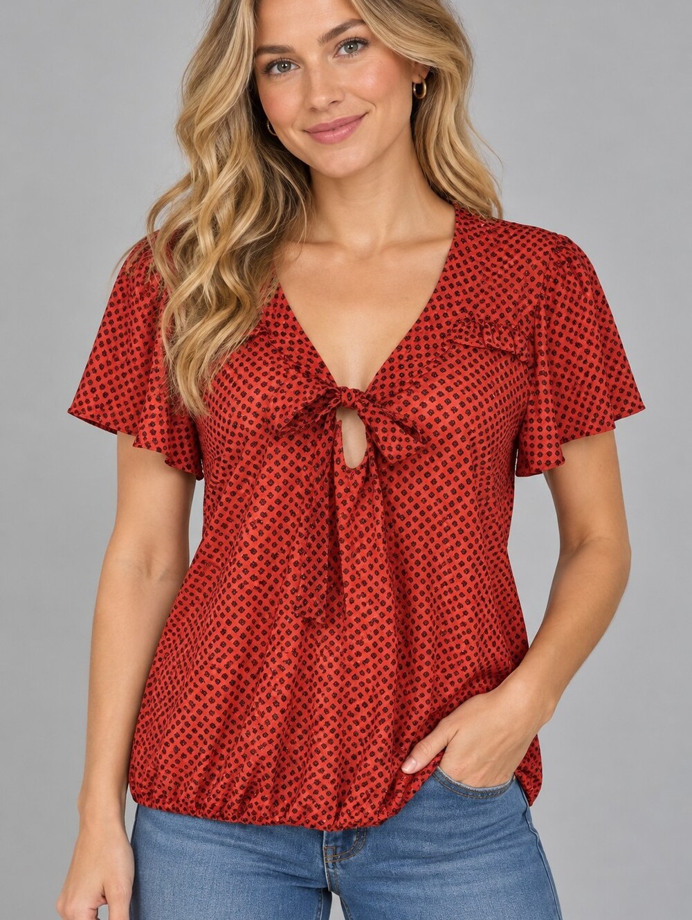 JULIE'S CLOSET Pink Polka Dot Bow Tie Keyhole Sheer Blouson Blouse